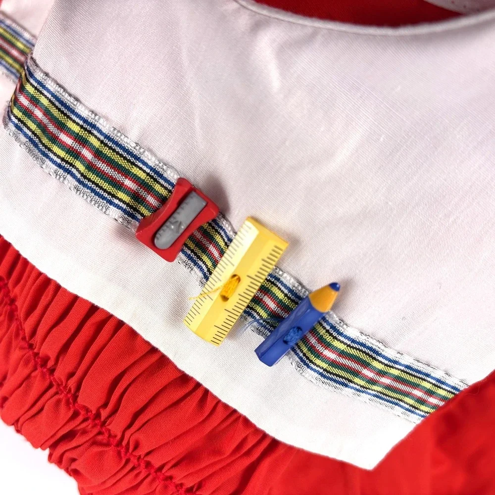 VTG Polly Flinders Embroidered Smocked Dress Sz 6 Red White School‎ Bus Charms